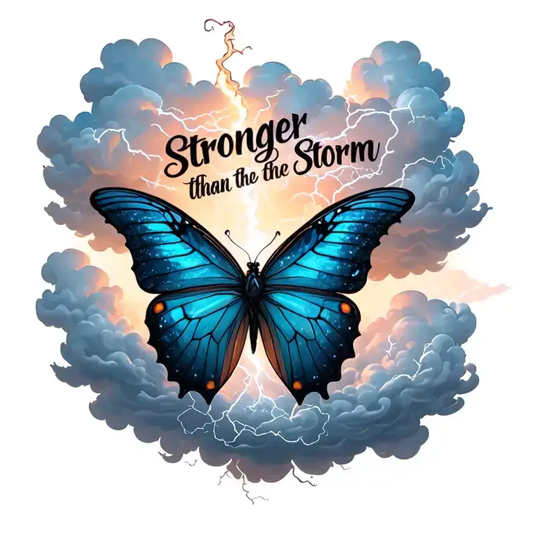 "Stronger than the storm" "Stronger than the storm" "Stronger than the storm" butterfly emerging from storm clouds forming the shape lightening tattoo design idea