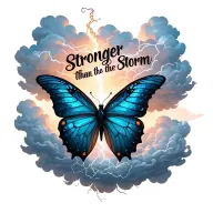 "Stronger than the storm" "Stronger than the storm" "Stronger than the storm" butterfly emerging from storm clouds forming the shape lightening tattoo design idea