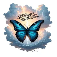 "Stronger than the storm" "Stronger than the storm" "Stronger than the storm" butterfly emerging from storm clouds forming the shape lightening tattoo design idea