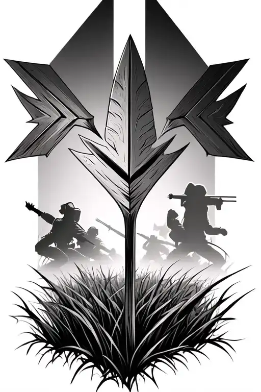 realistic arrowhead in grass with reflection of a battle scene showing in the arrow to symbolize my battle with cancer tattoo design idea