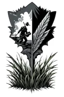 realistic arrowhead in grass with reflection of a battle scene showing in the arrow to symbolize my battle with cancer tattoo design idea