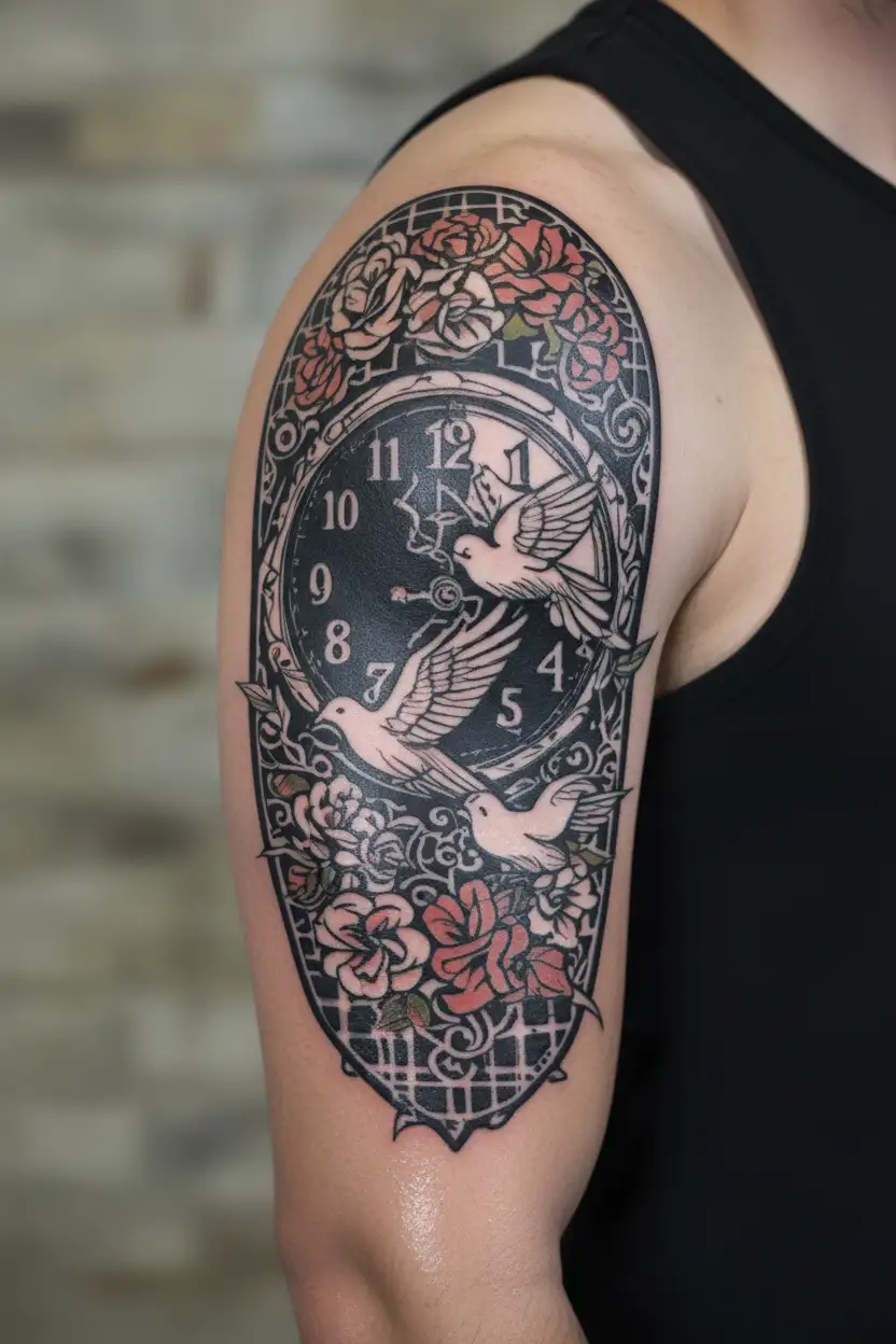 clock with doves and flowers around, #8 football jersey hanging up with a black and red plaid background tattoo design idea