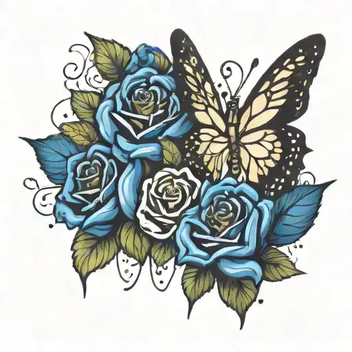 butter fly with rose and name tattoo design idea