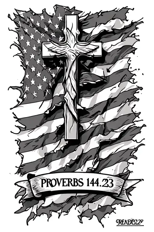 "Proverbs 14:23" Cross on back of forearm with a torn up american flag in the background tattoo design idea