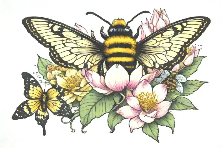 bee, butterfly, and moth on a lotus flower tattoo design idea