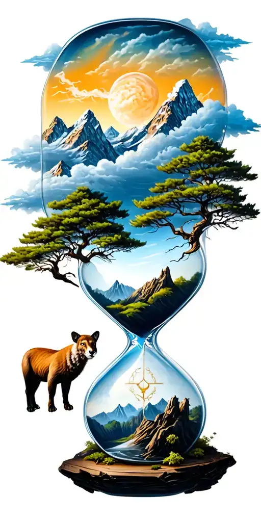 mountains, clouds, animals, hourglass , tree tattoo design idea