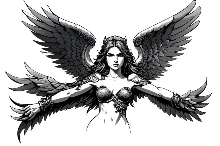 woman valkyrie wings spread tattoo design idea
