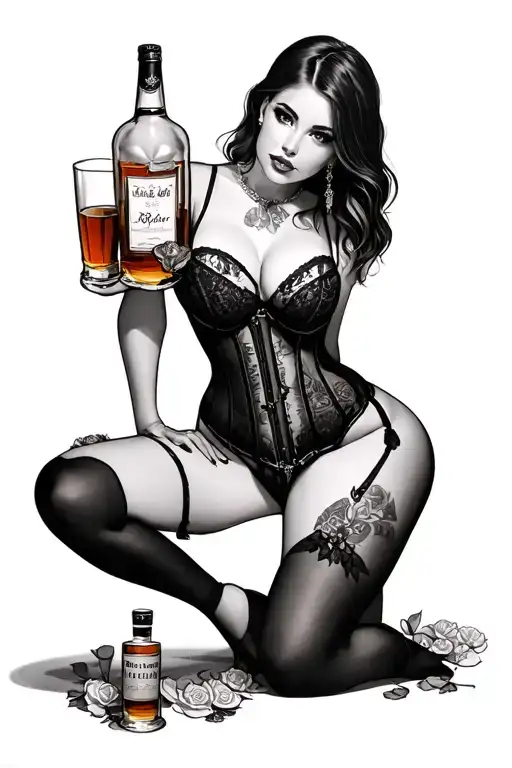 lingerie or corset, sexy women with whiskey bottles on knees tattoo design idea