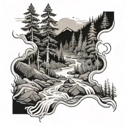montanin forest flowing river running tattoo design idea