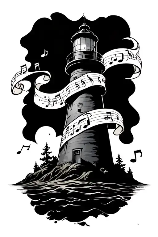 Lighthouse with music notes and banner wrapped tattoo design idea