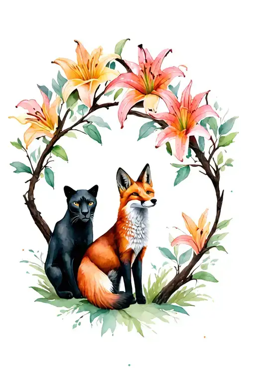 a lily, a black panther, a fox and an oak tree. tattoo design idea