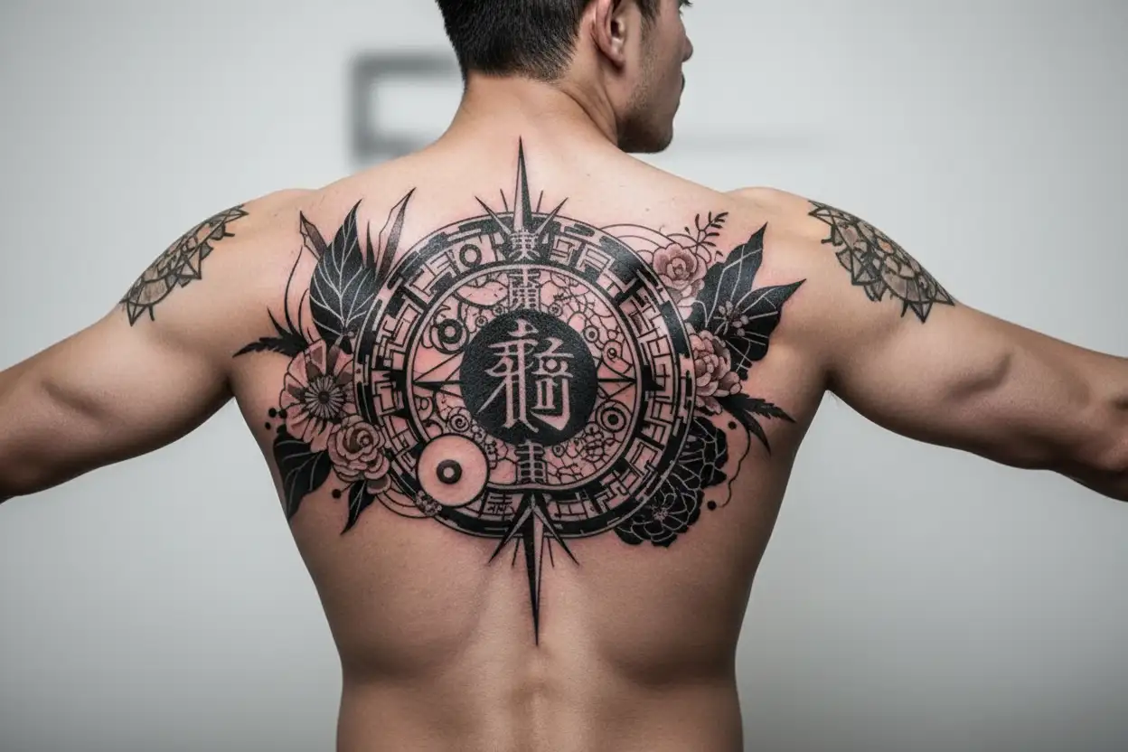 written friends and family inside an enso circle with the kanji of its meaning underneath tattoo design idea