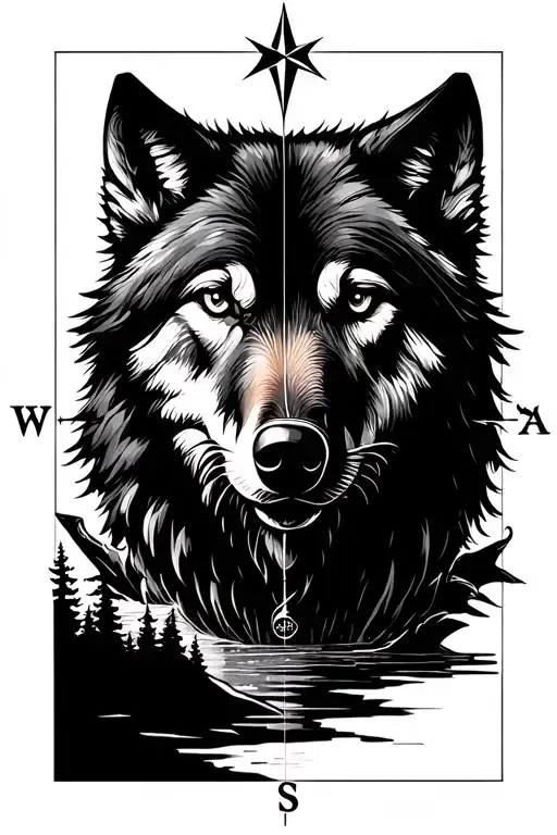 Compass, wolf, river, forest, travel, fishing, tourism minimalism, geometry tattoo design idea