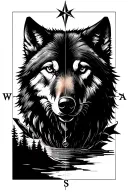 Compass, wolf, river, forest, travel, fishing, tourism minimalism, geometry tattoo design idea
