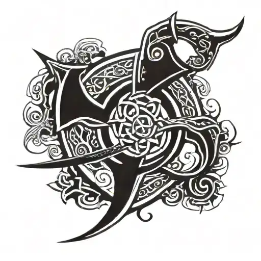 Celtic tribal design incorporating elements and scythe. small simple tattoo design idea