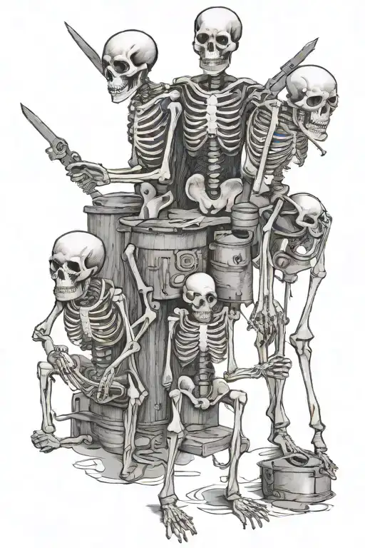A family of late risers depicted as skeletons, each holding a different tool representing the client's occupation as a carpenter and handworker tattoo design idea