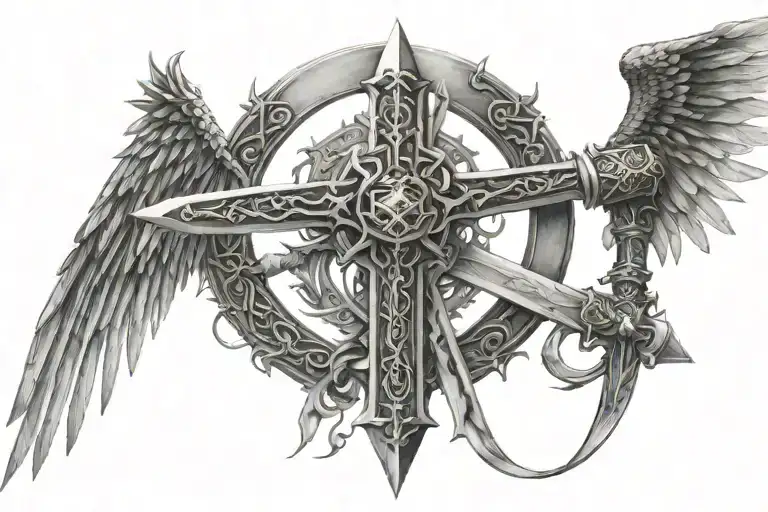 a cross viking sword with crown and long wings and a circle dragon shaped around it tattoo design idea