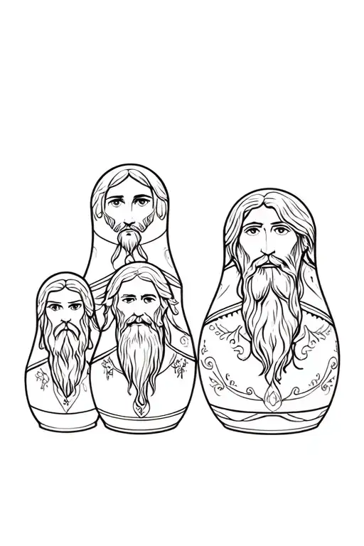 Russian stacking dolls in Lord of the Rings style illustration with Gimli, Legolas, Gandalf, Frodo, Aragorn and Samwise  tattoo design idea