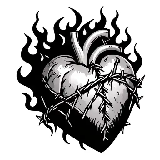sacred heart with barbed wire wrapped around it and flames coming out of the top  tattoo design idea