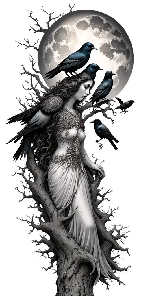 the morrigan Irish goddess with crows an old oak tree growing and bright moonlight tattoo design idea