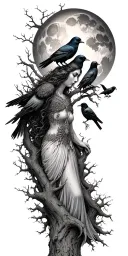 the morrigan Irish goddess with crows an old oak tree growing and bright moonlight tattoo design idea