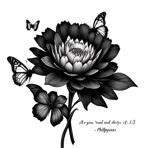 Carnation And Water Lily with butterflies and Philippians 4:13 Bible verse tattoo design idea