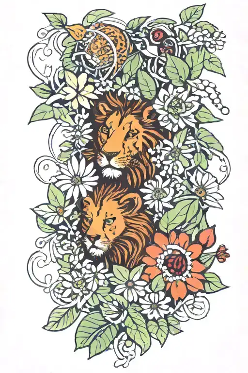 2 lion cubs, clovers, daisies, berries, fruit, pohutukawa, passionflower, guava, passionfruit, vines, birds of paradise tattoo design idea
