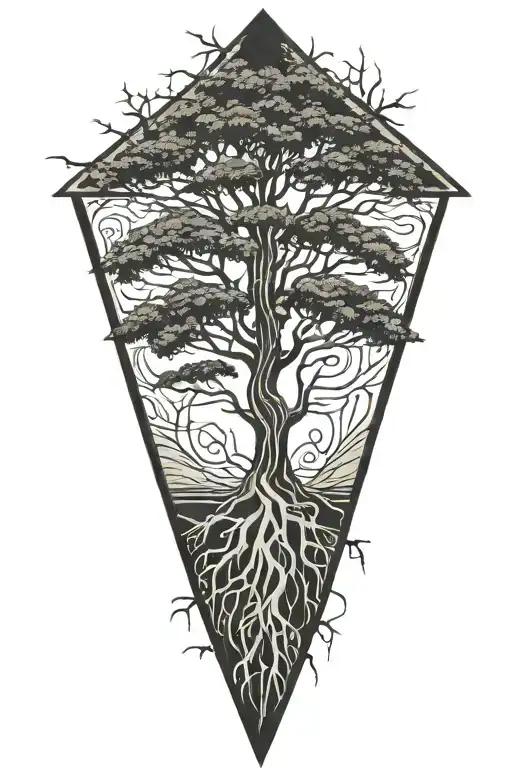Bald cypress with roots inside diamond shaped line outlining tattoo design idea