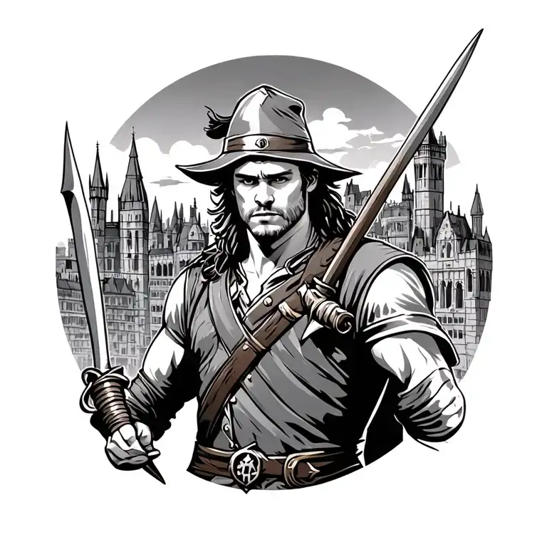 Robin Hood with Nottingham city in background graffiti style tattoo design idea
