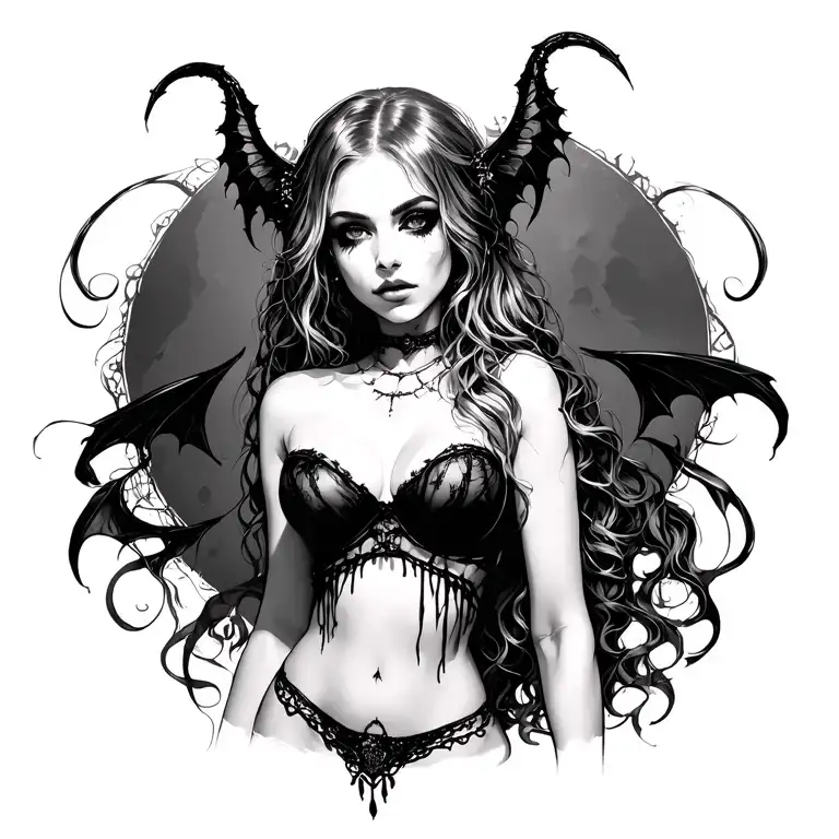 Gothic, Succubus, Big Boobs, G-String, Ripped Bra, G-String, Portrait tattoo design idea