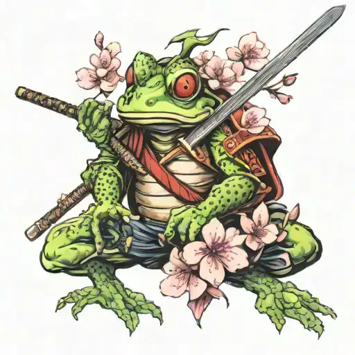 samurai frog with sword and cherry blossom tree tattoo design idea