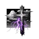 A cross tattoo with clouds and purple lightning coming down on it for under your left arm on your ribs  tattoo design idea
