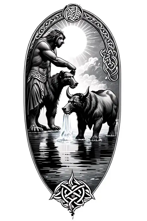Danu pouring water into lake Celtic bear and Celtic bull drinking from lake with Celtic symbols and sun surrounding them tattoo design idea