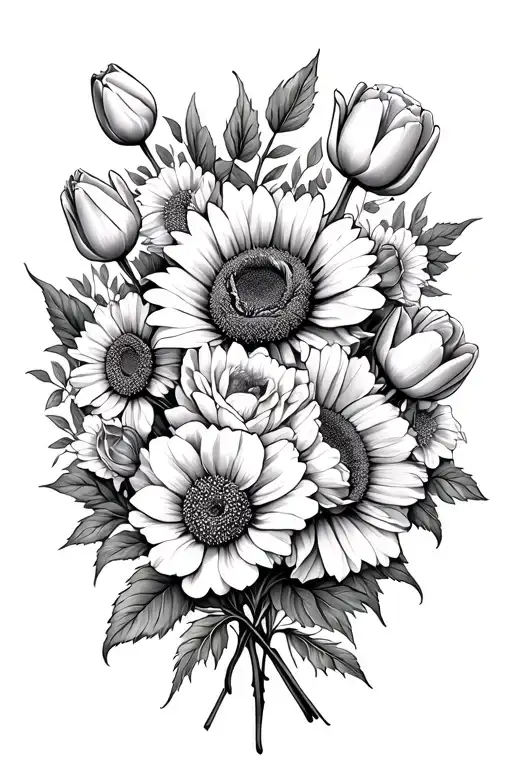 long skinny bouquet of wild roses, sun flowers and tulips tattoo design idea