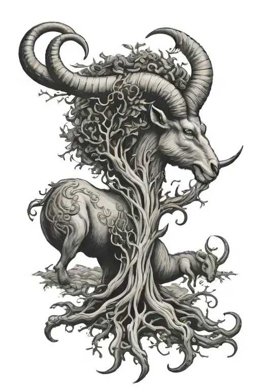 A majestic Capricorn symbol intertwined with a family tree tattoo design idea