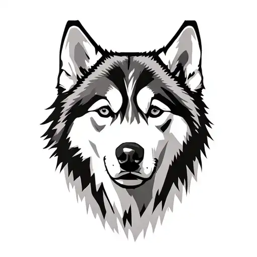 husky face with mountains background tattoo design idea