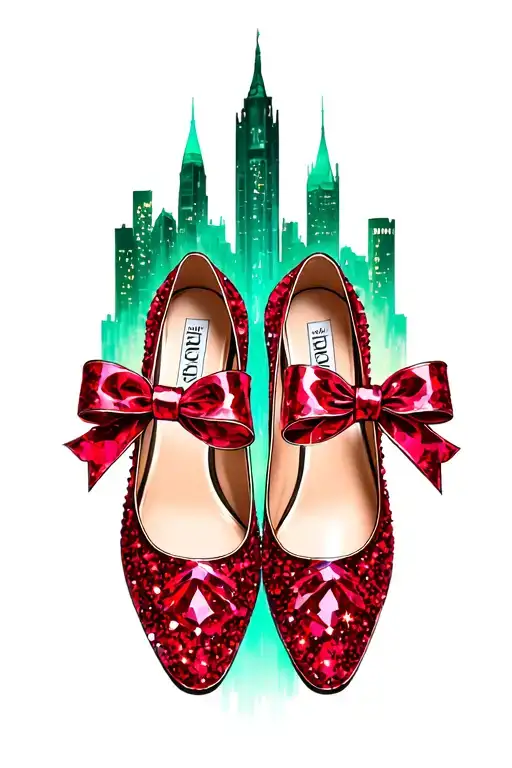 emerald city in background of two sparkly ruby flat shoes with bows on toes tattoo design idea