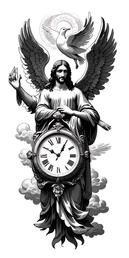 Jesus heaven clouds baby angel dove clock tattoo design idea