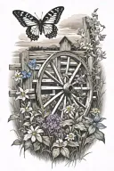 country landscape with wagon wheel leaning on fence post surrounded by flowers and butterflies   tattoo design idea