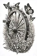 country landscape with wagon wheel leaning on fence post surrounded by flowers and butterflies   tattoo design idea