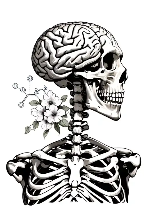 human skeleton holding a brain with chemical structure of caffeine and flowers on the edge tattoo design idea