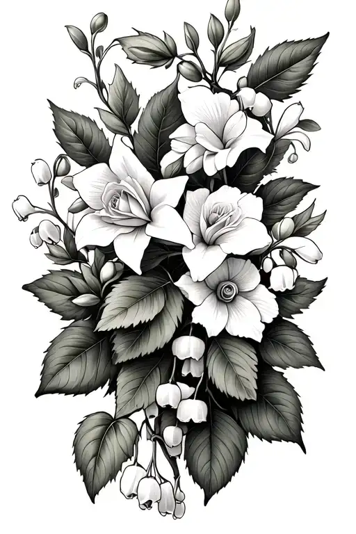 A vine that wraps around my arm with leaves and flowers (lily of the valley, daffodils and roses) tattoo design idea