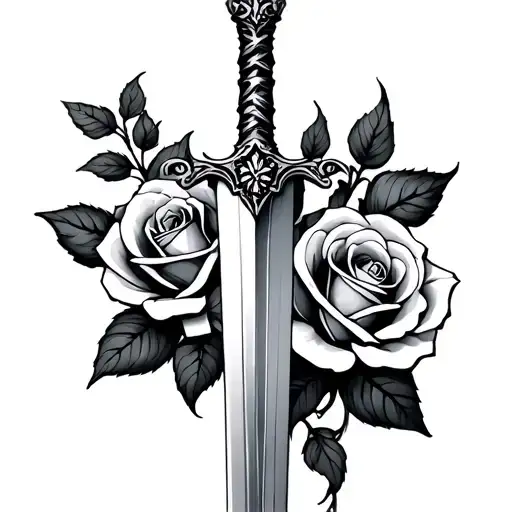 sword with two roses intertwined tattoo design idea
