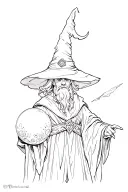 wizard that is fine line and illustrative. mixed with howls moving castle vibes but not anime. classic wizard with orb.  tattoo design idea