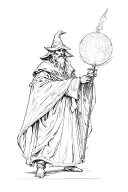 wizard that is fine line and illustrative. mixed with howls moving castle vibes but not anime. classic wizard with orb.  tattoo design idea