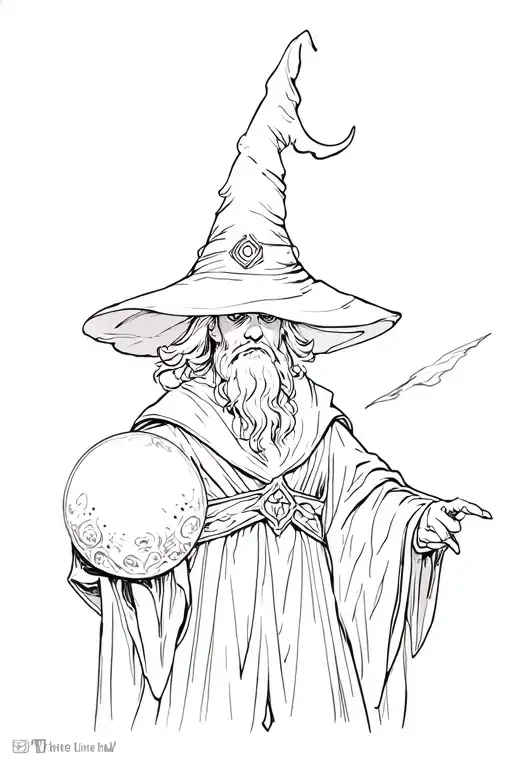 wizard that is fine line and illustrative. mixed with howls moving castle vibes but not anime. classic wizard with orb.  tattoo design idea