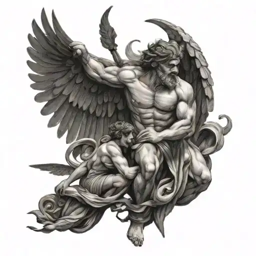 greek god with wings kills another god tattoo design idea