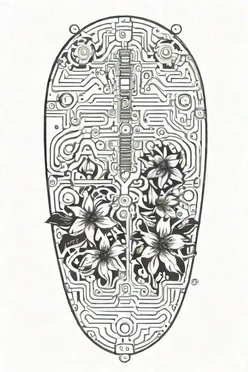 computer, circuit board, flowers wrapped tattoo design idea