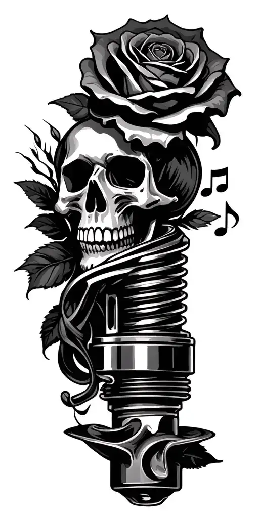 Rose And Music Note and skull hidden , spark plug with piston tattoo design idea