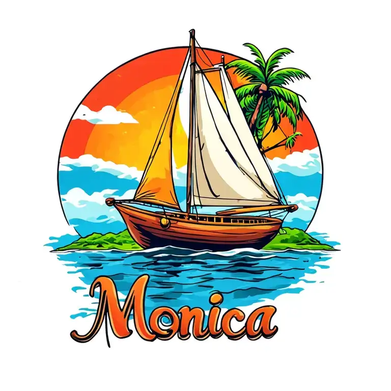 "Monica" small sailboat sailing from sunrise sky, small island in background with plam vibrant colors tattoo design idea